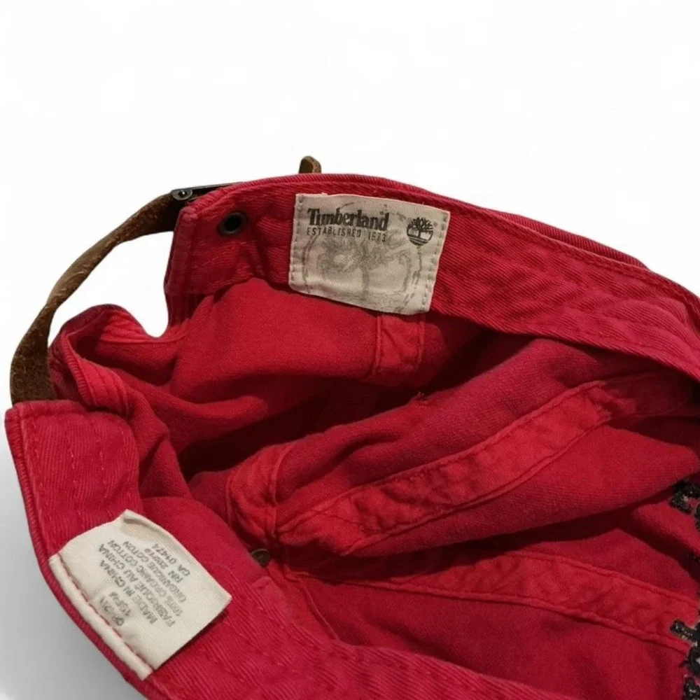 Timberland Baseball‎ Cap Mens OSFM Red Excellent Leather Strapback Logo Hat
